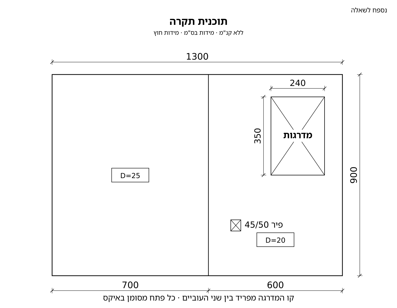 תוכנית תקרה 1300 על 900 עם קו מדרגה ב-700: מערבה D=25, מזרחה D=20; חדר מדרגות 240/350 ופיר 45/50 בלוח המזרחי