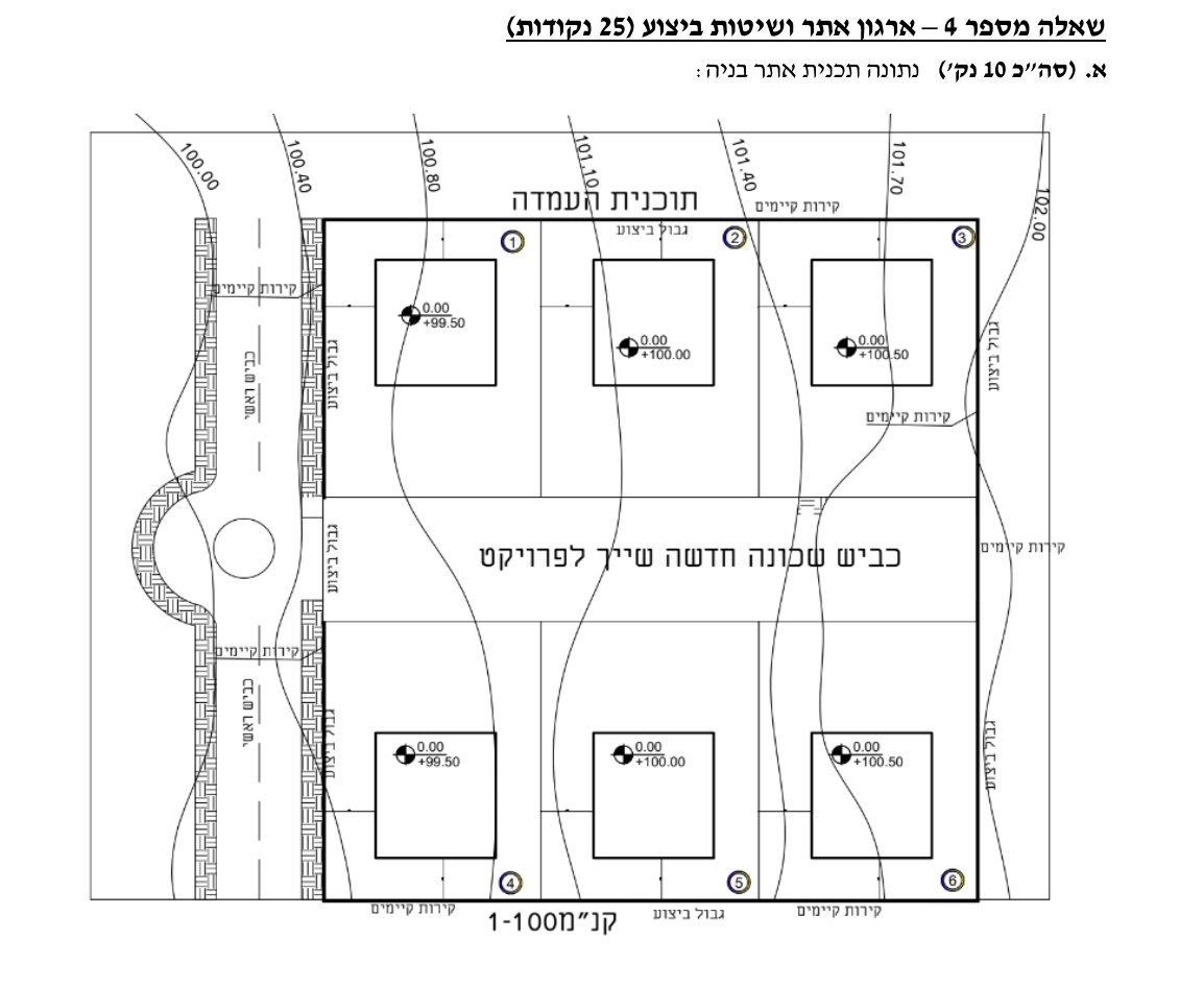 תוכנית העמדה — 6 מגרשים, קווי גובה 100.00–102.00
