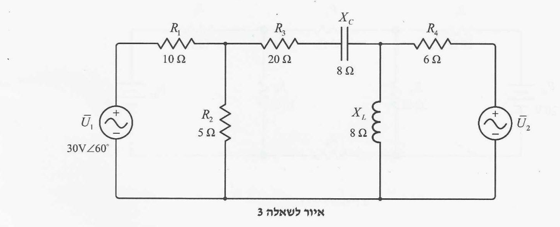 איור לשאלה 3 — מעגל זרם חילופין עם שני מקורות מתח, נגדים, קבל ומשרן