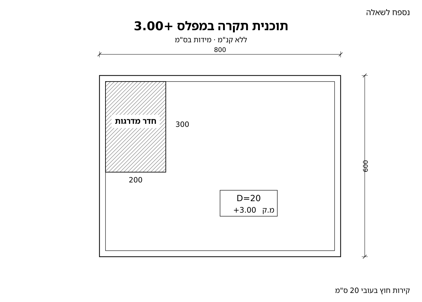 תוכנית תקרה במפלס +3.00: מבנה 8.00 על 6.00 מ' עם קירות חוץ בעובי 20 ס"מ וחדר מדרגות 2.00 על 3.00 מ' בפינה; D=20