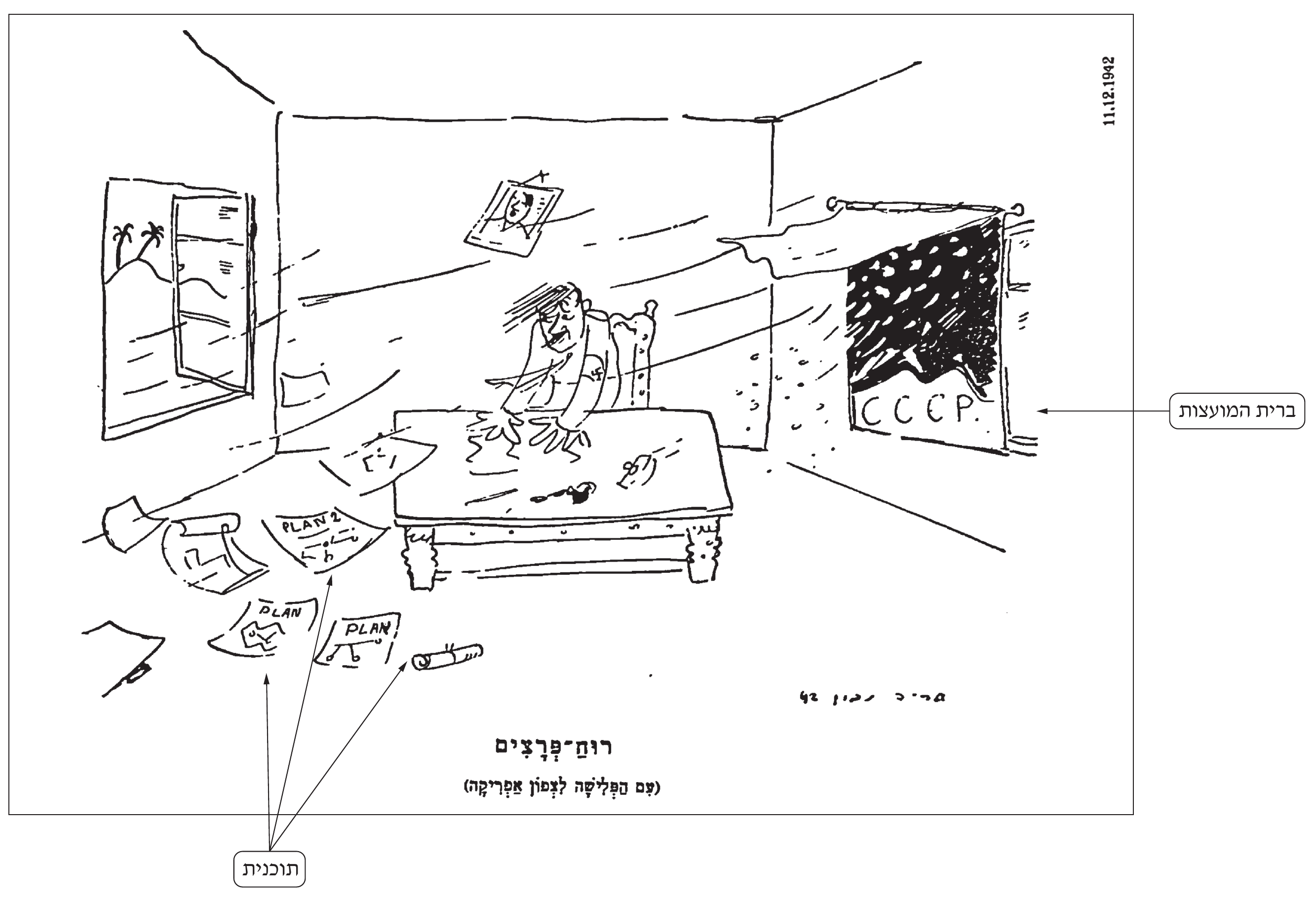 קריקטורה בשחור־לבן בתוך מסגרת. חדר שבו משתוללת רוח חזקה. במרכז, מאחורי שולחן כתיבה, יושבת דמות במדים עם סרט זרוע של צלב קרס ושערה נושב ברוח (היטלר); הדמות נאחזת בשולחן בשתי ידיה ופניה מבוהלות. מן השולחן ומן הרצפה עפים ניירות; על כמה מהם כתוב באנגלית «PLAN» (תוכנית) ועל אחד «PLAN 2» (תוכנית 2), ולידם גליל נייר מגולגל; תווית עברית מודפסת «תוכנית» עם שלושה חיצים מצביעה עליהם. על הקיר תמונה ממוסגרת של דמות בעלת בלורית ושפם קטן (היטלר), מתנדנדת ברוח. משמאל חלון פתוח שדלתו נטרקת, ומבעדו נוף מדברי עם עצי דקל (צפון אפריקה). מימין חלון פתוח שהווילון שלו מתנופף, ומבעדו סופת שלג; על הקיר מתחת לחלון כתוב «CCCP» (ברית המועצות ברוסית); תווית עברית מודפסת «ברית המועצות» עם חץ מצביעה על החלון. בפינה הימנית העליונה תאריך «11.12.1942». חתימה בכתב יד: «אריה נבון 42». בתחתית הכותרת המנוקדת «רוּחַ־פְּרָצִים» ומתחתיה «(עִם הַפְּלִישָׁה לִצְפוֹן אַפְרִיקָה)».
