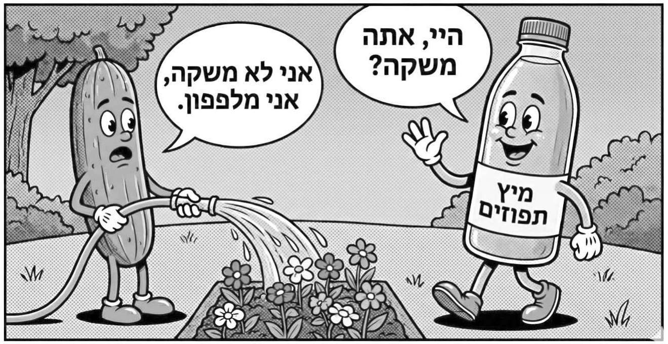 איור מצויר: בקבוק מיץ תפוזים מנופף לשלום למלפפון המשקה ערוגת פרחים בצינור. הכיתוב: בועת הדיבור של בקבוק מיץ התפוזים: «היי, אתה משקה?» | בועת הדיבור של המלפפון: «אני לא משקה, אני מלפפון.» | תווית על הבקבוק: «מיץ תפוזים»