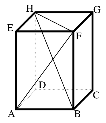 תיבה ABCDEFGH עם בסיס ABCD, אלכסון הפאה AF ואלכסון התיבה BH מסומנים
