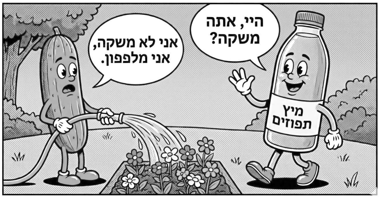 איור מצויר: בקבוק מיץ תפוזים מנופף לשלום למלפפון המשקה ערוגת פרחים בצינור (אותו איור כמו בשאלה 10ג). הכיתוב: בועת הדיבור של בקבוק מיץ התפוזים: «היי, אתה משקה?» | בועת הדיבור של המלפפון: «אני לא משקה, אני מלפפון.» | תווית על הבקבוק: «מיץ תפוזים»