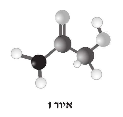 איור 1 הכיתוב «איור 1» מתחת לציור: מודל כדורים ומקלות של מולקולה, צבעי הכדורים לפי המקרא. במודל שני כדורי פחמן. הפחמן המרכזי קשור בקשר כפול שני מקלות לכדור חמצן למעלה; משמאל הוא קשור לכדור חנקן שחור שאליו קשורים שני כדור