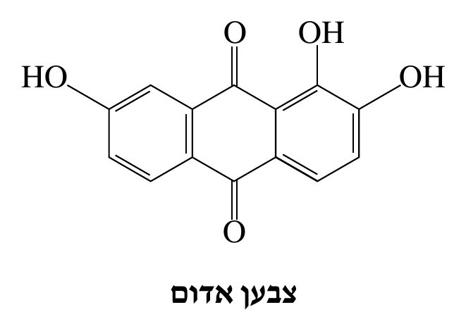 ייצוג מקוצר של נוסחת המבנה של הצבען האדום נוסחת שלד. המולקולה בנויה משלוש טבעות של שישה אטומים המחוברות בשורה. לטבעת האמצעית יש שתי קבוצות C=O, אחת למעלה ואחת למטה. בטבעת השמאלית יש קבוצת OH אחת מסומנת HO, ובטבעת הימנית