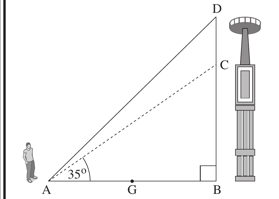 סרטוט המשולש הגאומטרי (A,B,C,D,G) לצד איור מגדל התצפית