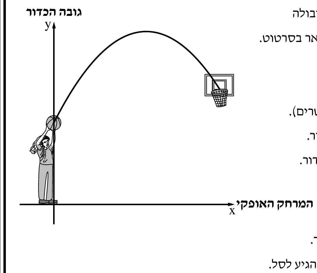 איור בסגנון קליפ-ארט של שחקנית כדורסל הזורקת כדור לעבר סל. מערכת צירים x,y מצוירת עם הראשית בסמוך לרגלי השחקנית (הניצבת על ציר ה-x). ציר y ('גובה הכדור', מאונך) עולה דרך גוף 