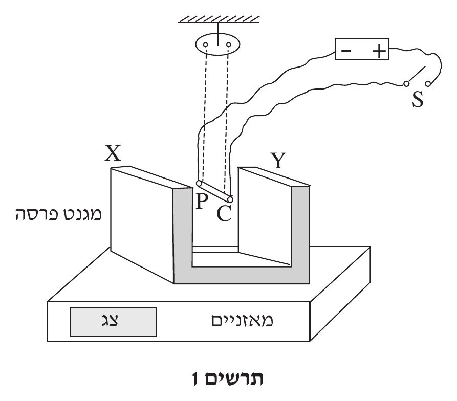 תרשים 1 — מבט תלת-ממדי סכמטי. בראש התרשים תקרה מקווקוה-משורטטת (הצללת אלכסונים), וממנה יורד קו קצר אל טבעת/חישוק אליפטי אופקי (נקודת עיגון) שעליו שני עיגולים קטנים (שתי נקודות חיבו