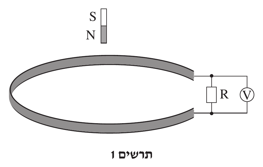 תרשים 1 — מגנט מוט קטן מעל כריכה. המגנט מצויר כמלבן אנכי דו-גוני: המחצית העליונה לבנה ומסומנת S, המחצית התחתונה אפורה ומסומנת N (כלומר הקוטב הדרומי למעלה, הצפוני למטה, פונה כלפי הכ