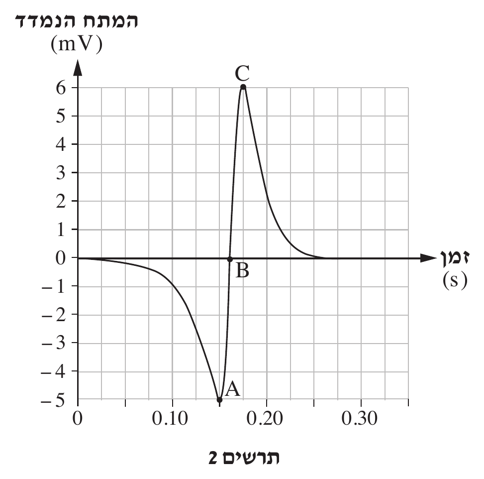 תרשים 2 — גרף עם כותרת מודגשת «המתח הנמדד (mV)» מעל ציר ה-y. הציר האנכי מסומן מ-−5 עד 6 בקפיצות של 1 (6,5,4,3,2,1,0,−1,−2,−3,−4,−5), עם קווי רשת אפורים בכל ערך שלם; הציר האופקי מסו