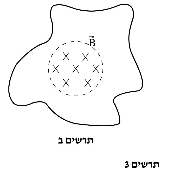 תרשים בכותרת "תרשים ב" (תחת הכותרת המשותפת "תרשים 3"): קו מתאר סגור בצורה לא-סדירה (עם בליטות ושקעים, כמו כתם) המקיף מעגל מקווקוו במרכזו. בתוך המעגל המקווקוו תשעה סימוני X מסודרים 