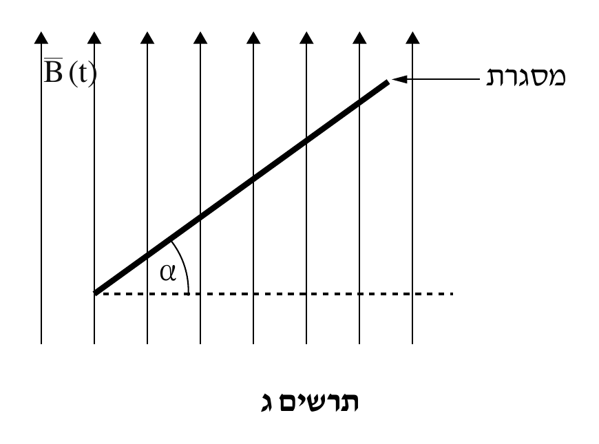 תרשים ג — מבט מן הצד. שמונה חצים אנכיים מקבילים פונים כלפי מעלה, מייצגים את קווי השדה המגנטי B̄(t) (התווית ליד החץ השמאלי ביותר). קו ישר עבה חוצה את החצים באלכסון, החל מנקודה על קו