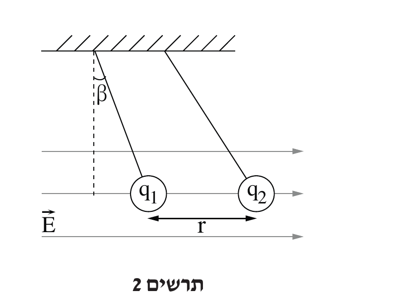 תרשים דומה לתרשים 1 עם שני כדורים תלויים מאותה תקרה מוצללת בשתי נקודות תלייה סמוכות: הכדור השמאלי (q_1) תלוי בחוט הנוטה ימינה בזווית β מן האנך המקווקו; הכדור הימני (q_2) תלוי בחוט