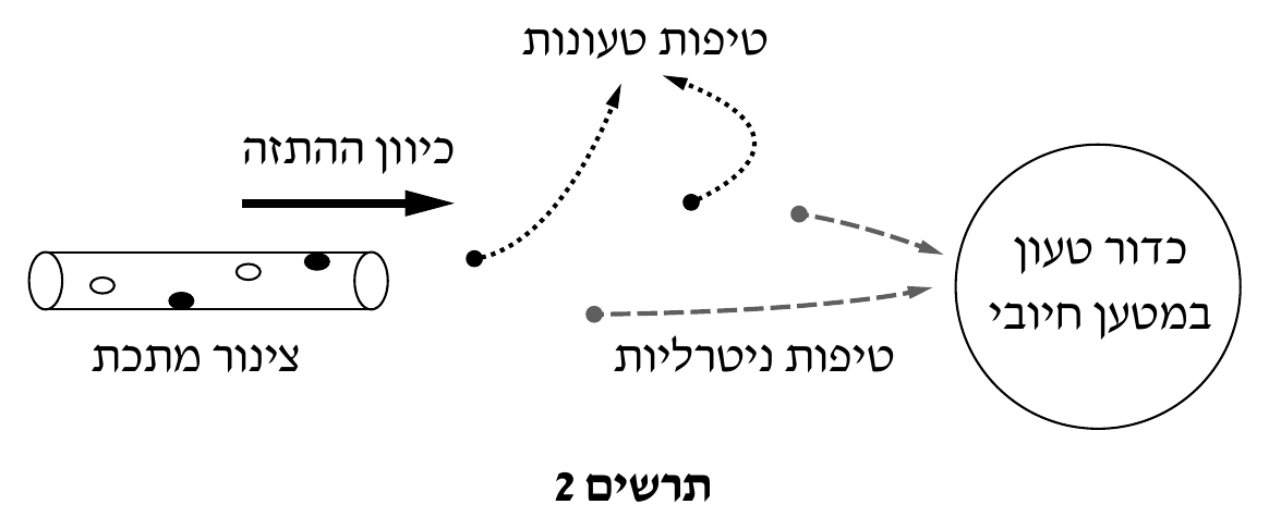 תרשים 2 — משמאל: גליל אופקי לבן מתויג «צינור מתכת» ובתוכו ארבע נקודות מפוזרות: שתיים מלאות (שחורות, טיפות טעונות) ושתיים חלולות (עיגולים לבנים, טיפות ניטרליות). מעל הצינור, מימין ל
