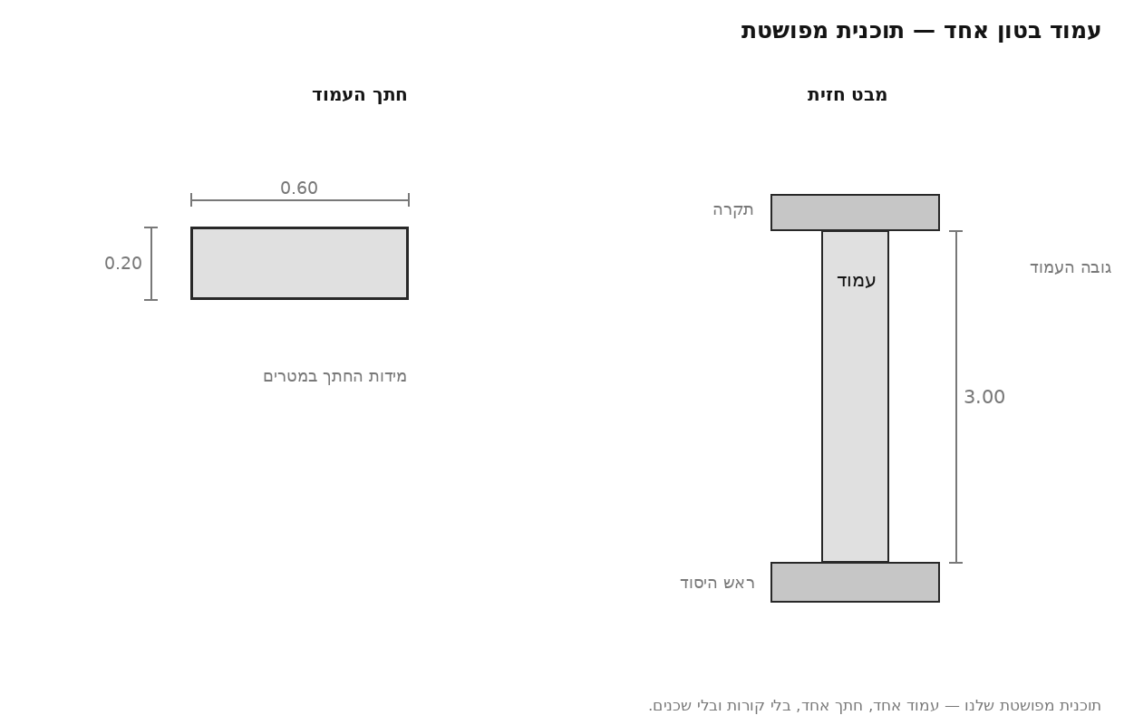 תוכנית מפושטת: עמוד בטון אחד — בחתך 0.20 על 0.60 מ׳, ובמבט חזית בגובה 3.00 מ׳ מראש היסוד ועד התקרה
