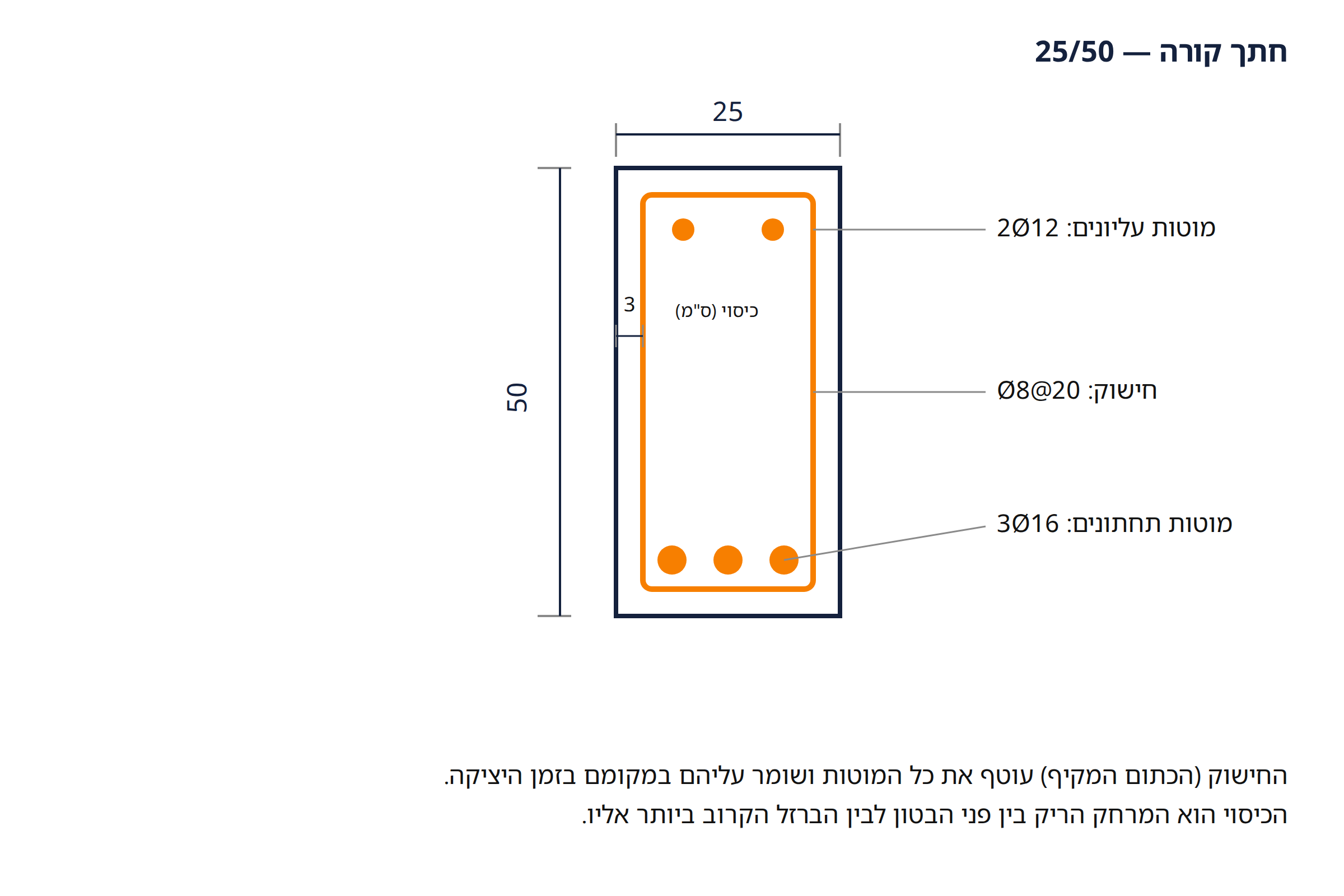 חתך קורה 25/50 — מידת הכיסוי 3 ס"מ מסומנת בין פני הבטון לחישוק