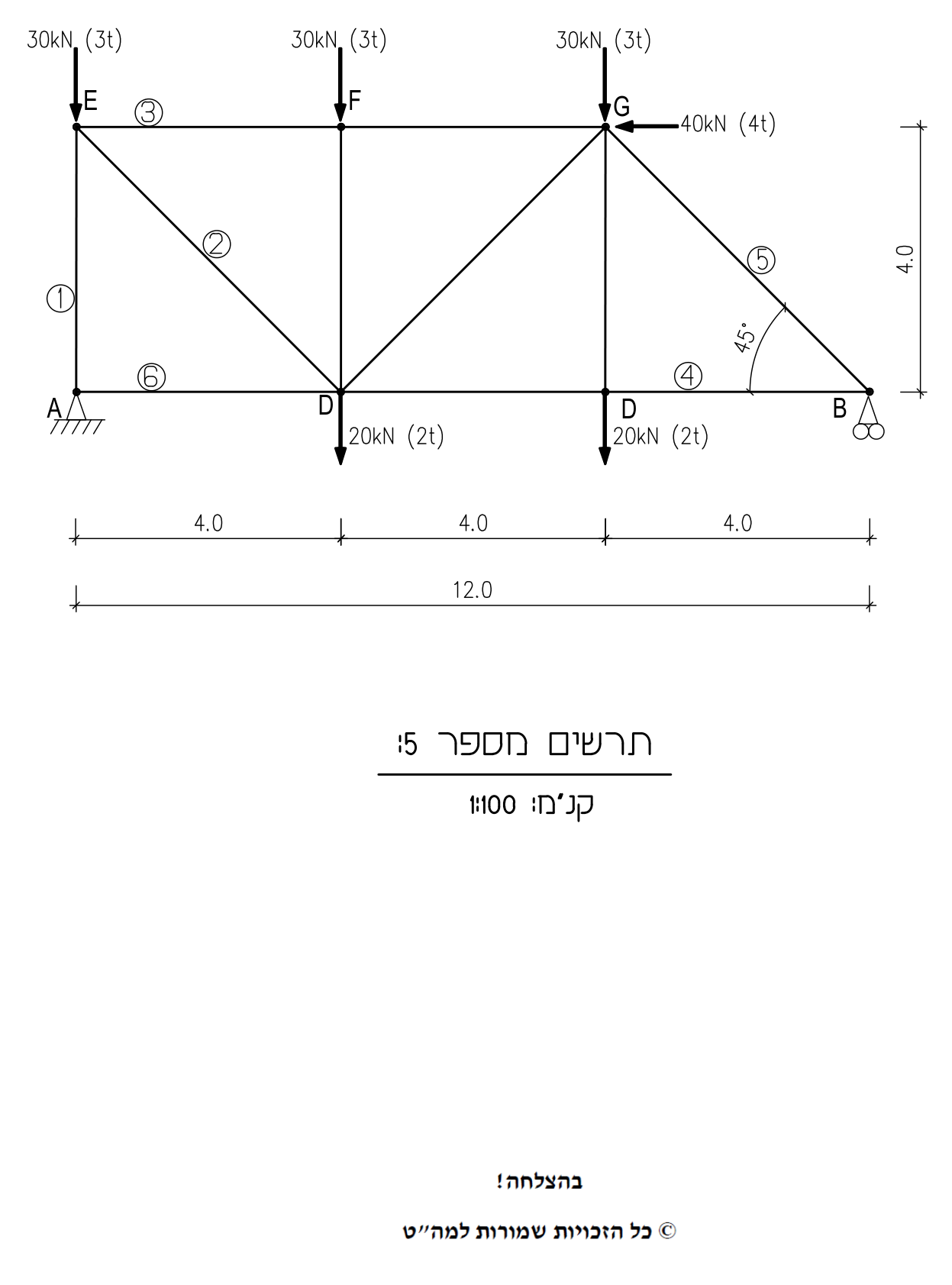 תרשים מספר 5 – מסבך מישורי: מוטות 1–6, עומסים וסמכים (קנ"מ 1:100)